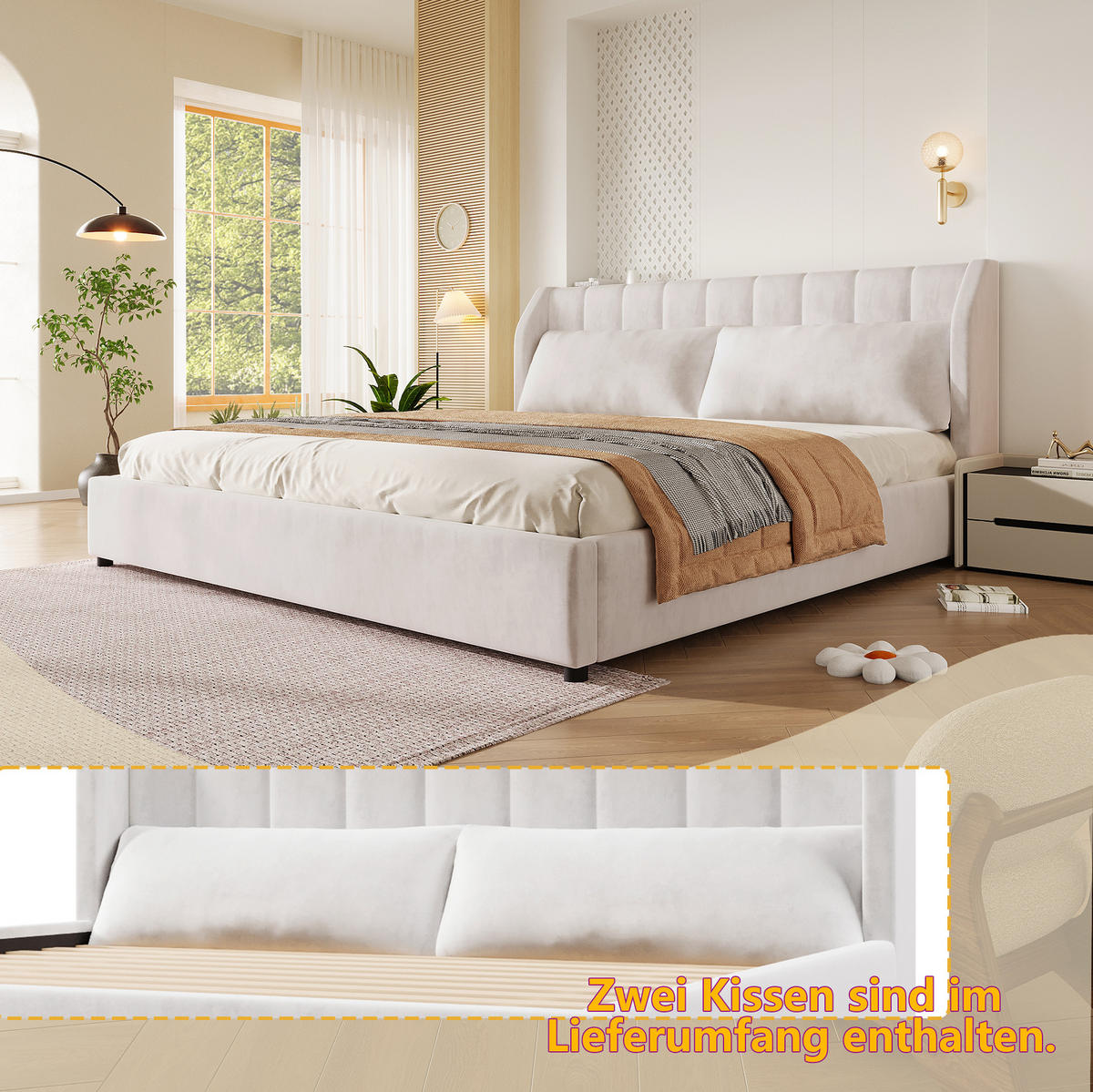 POLSTERBETT 180x200 cm in Beige mit Lattenrost und 2 Dekokissen - Beige, Textil (180/200cm) - IVMEU