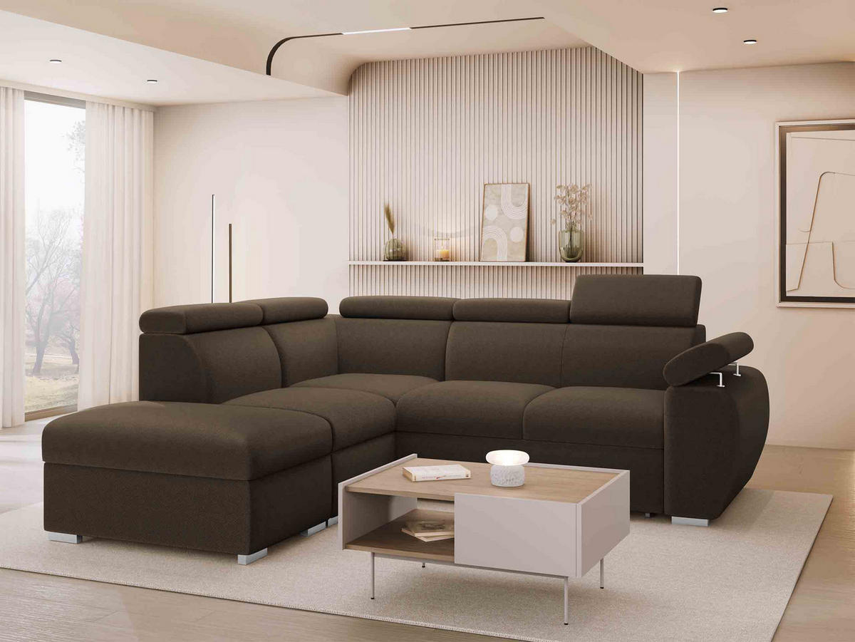 ECKSOFA Boston 2RR1P, Seite: Links PUFAP+R+1P(65)+2R - Silberfarben/Braun, Holz/Textil (260/230cm) - MIRJAN24