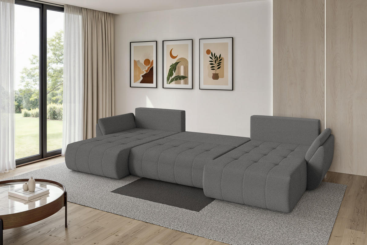 SEDACÍ SOUPRAVA DO U s funkcí spaní a úložným prostorem TOKO-U 378x194x86 šedá bouclé - šedá/černá, kompozitní dřevo/textil (378/86/194cm) - ALTDECOR