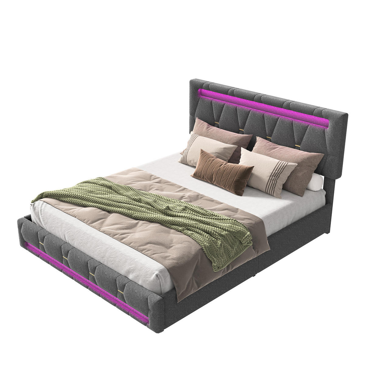 POLSTERBETT 160x200 cm LED Stauraum Lattenrost grau - Grau, Holz (160/200cm) - LEBENLANG