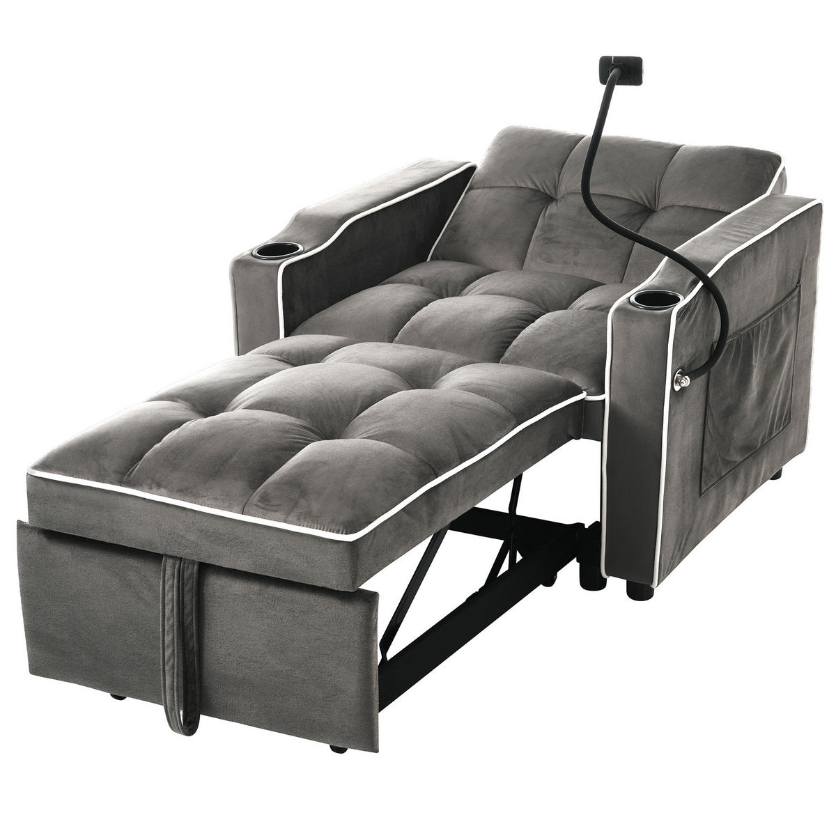 SCHLAFSESSEL aus Samt 83x167x76 cm Antik-Dunkelgrau 3-in-1 ausziehbar mit Getränkehaltern und Handyhalterung - Dunkelgrau, Kunststoff (167/76/83cm) - Modfu