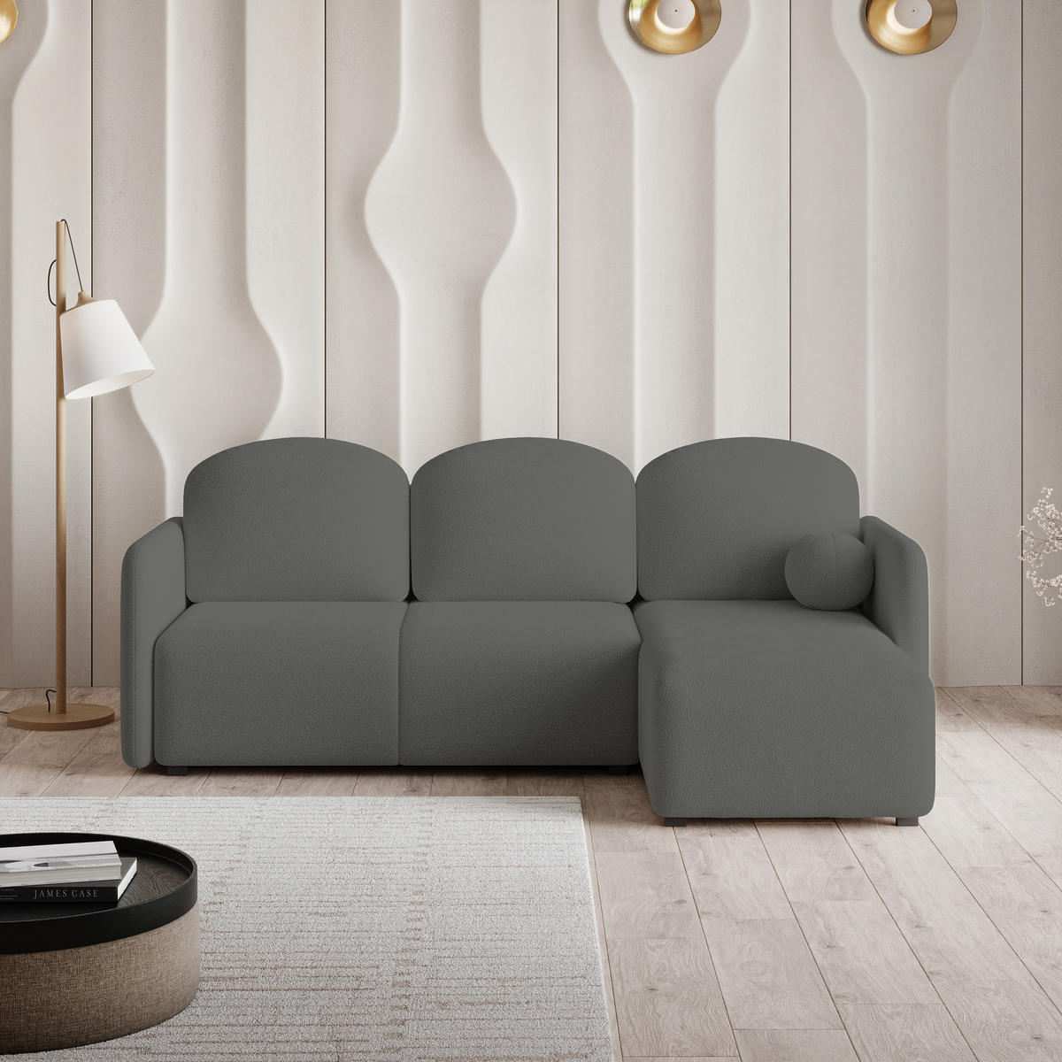 ECKSOFA SUVINO Grau Boucle-Stoff mit Schlaffunktion - Grau, Holz (230/143cm) - MASSENO