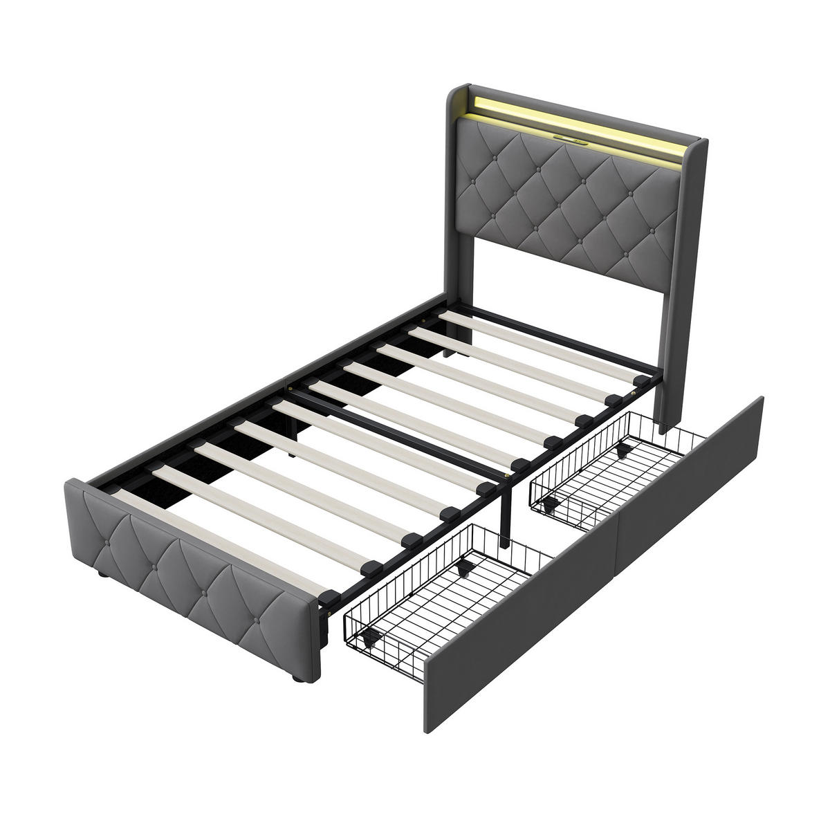 POLSTERBETT 90x200 cm mit 2 Schubladen, LED, USB & Type-C, Einzelbett Kopfteil und Lattenrost, Grau - Grau, Metall (90/200cm) - EuroLiving
