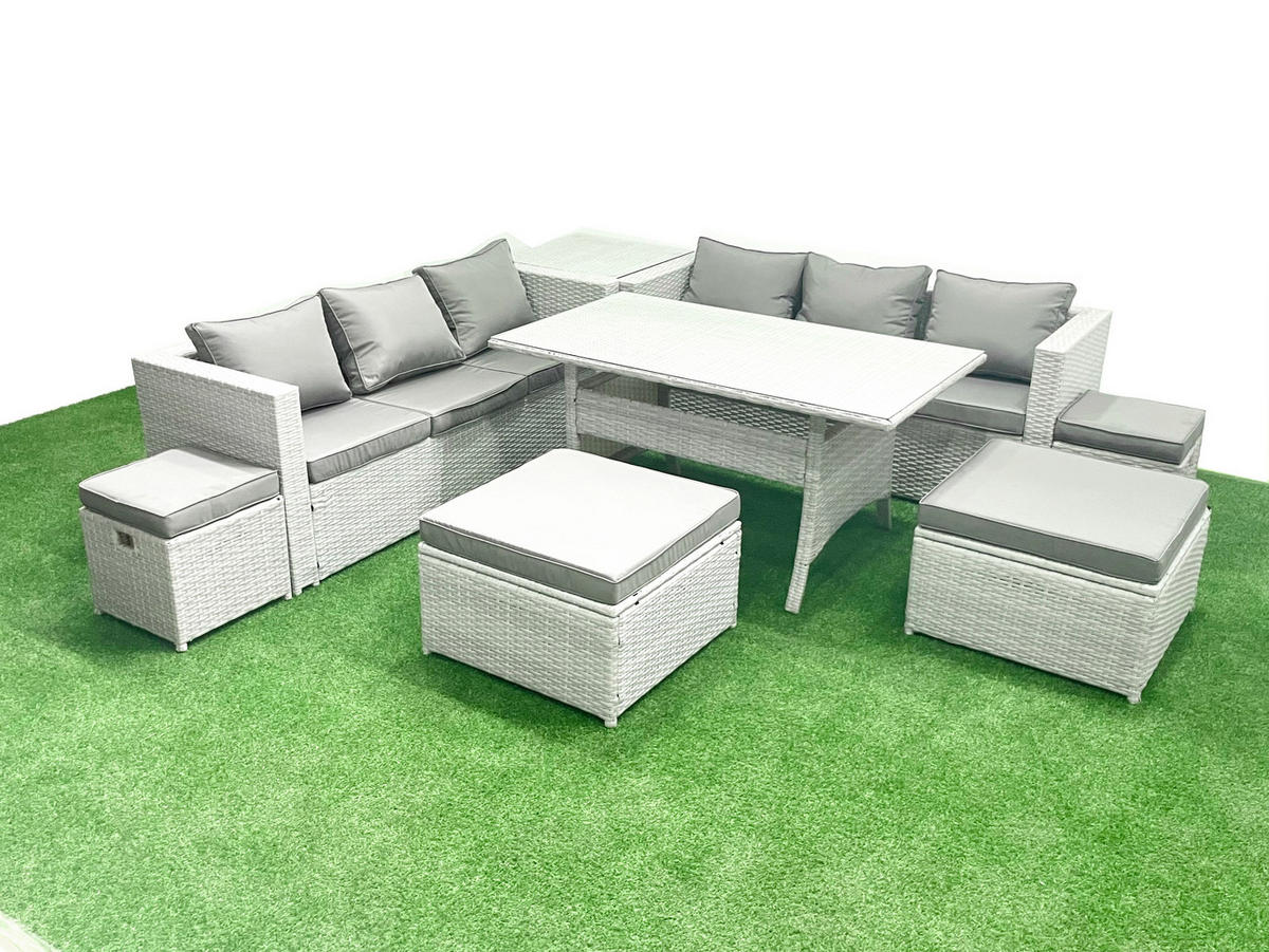 GARTENSET mit Esstisch,Sofa,3 Fußhocker, Beistelltisch Polyrattan Hellgrau 10-Sitzer - Hellgrau/Grau, Glas/Kunststoff - Fimous