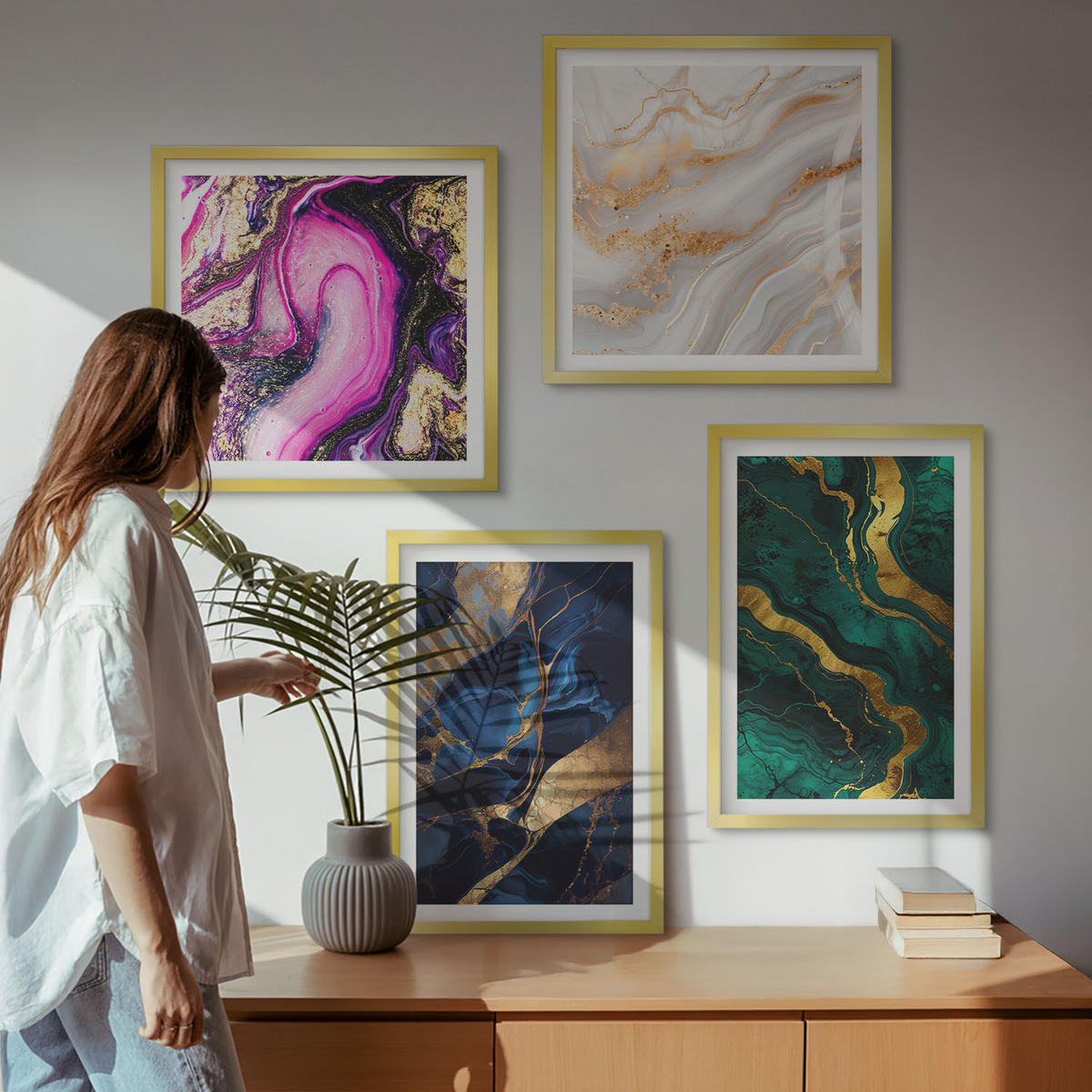 BILDER SET 4er Set - 50x50 cm & 40x60 cm Goldrahmen - Abstrakter Marmor mit Farben - Goldfarben, Kunststoff (50/50cm) - TULUP