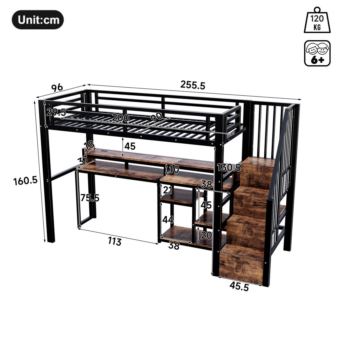 HOCHBETT MDF & Metall 90x200 cm Schwarz mit Leiterschrank, LED-Lichtleiste, USB + Typ-C - Schwarz, Holzwerkstoff (90/200cm) - Modfu