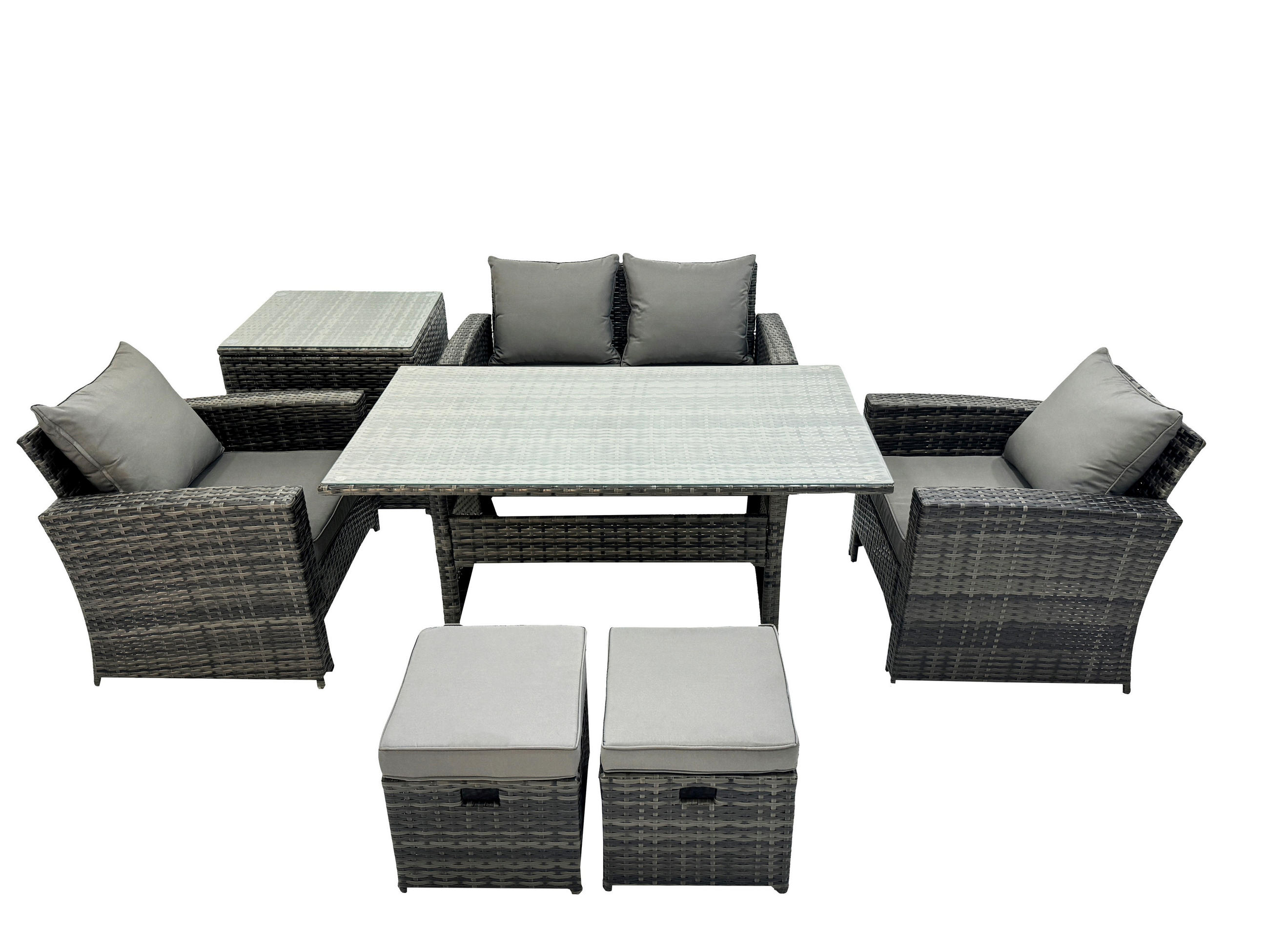 GARTENMÖBELSET mit 2 Sesseln,Zweisitzer,2 kleine Fußhocker,Esstisch,Beistelltisch Polyrattan Dunkelgrau 6-Sitzer - Dunkelgrau/Grau, Glas/Kunststoff - Fimous