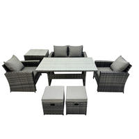 GARTENMÖBELSET mit 2 Sesseln,Zweisitzer,2 kleine Fußhocker,Esstisch,Beistelltisch Polyrattan Dunkelgrau 6-Sitzer - Dunkelgrau/Grau, Glas/Kunststoff - Fimous