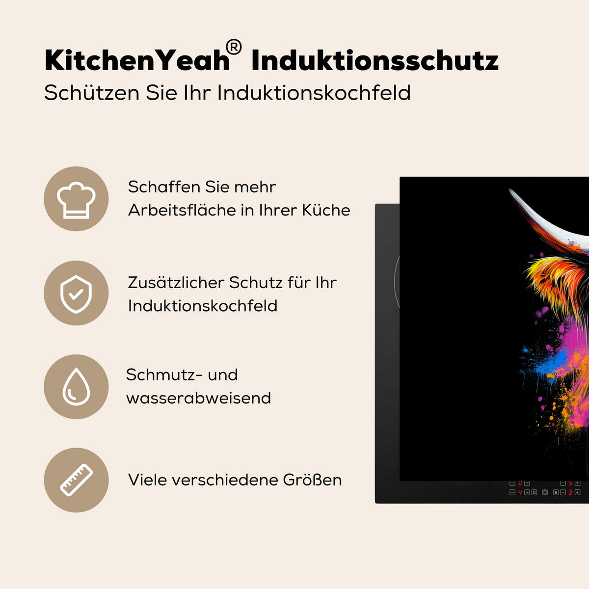 HERDABDECKPLATTE Schottischer Highlander - Graffiti - Bunt - Blume - Tiere Ceranfeldabdeckung 85x52 cm - Multicolor, Kunststoff (85/52/0.2cm) - MuchoWow