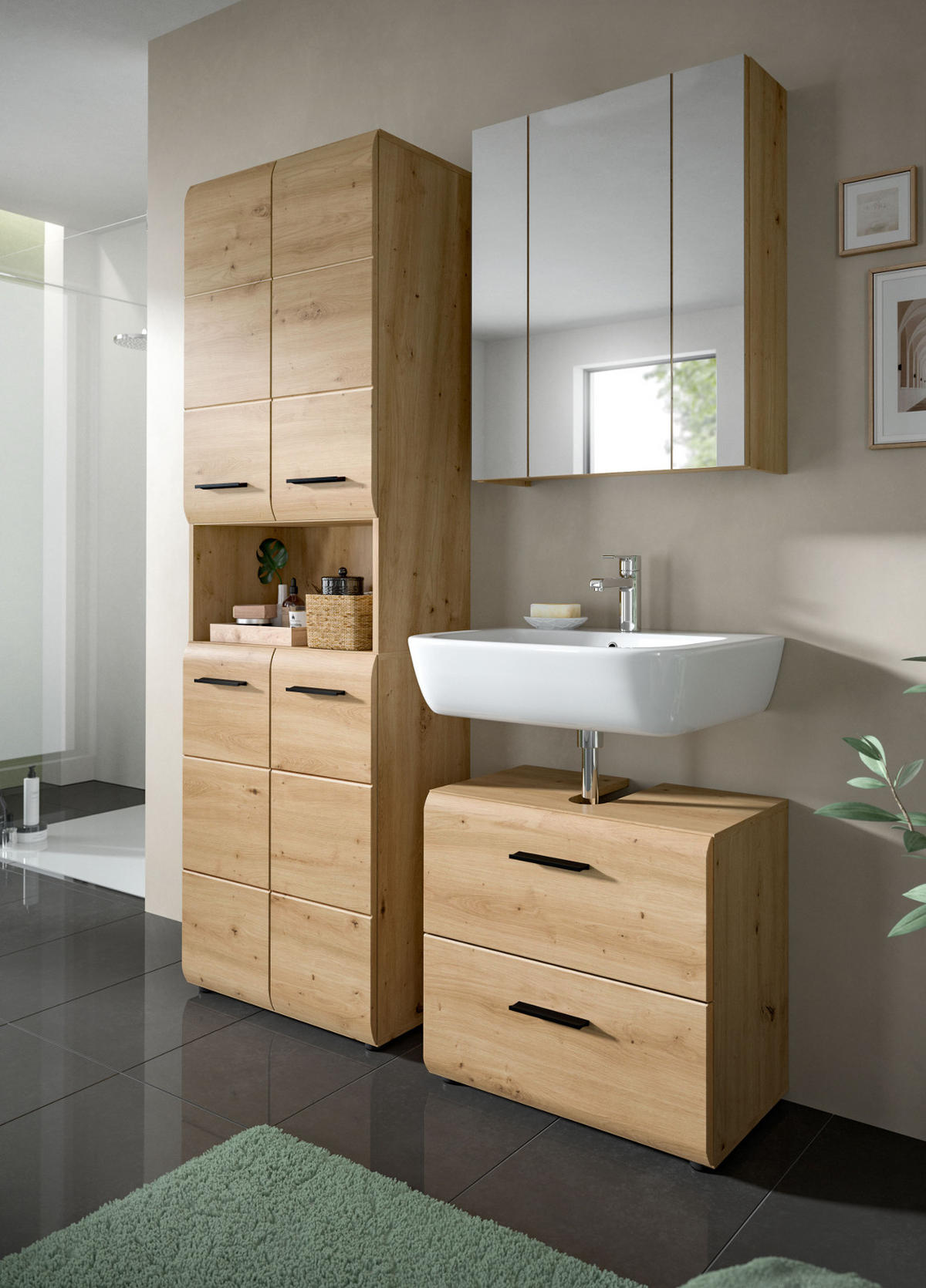 HOCHSCHRANK in Eiche Artisan, Badschrank 60 cm mit viel Stauraum, Cover - Schwarz/Eiche Artisan, Holzwerkstoff/Kunststoff (60/185/30cm) - Inn.Furn