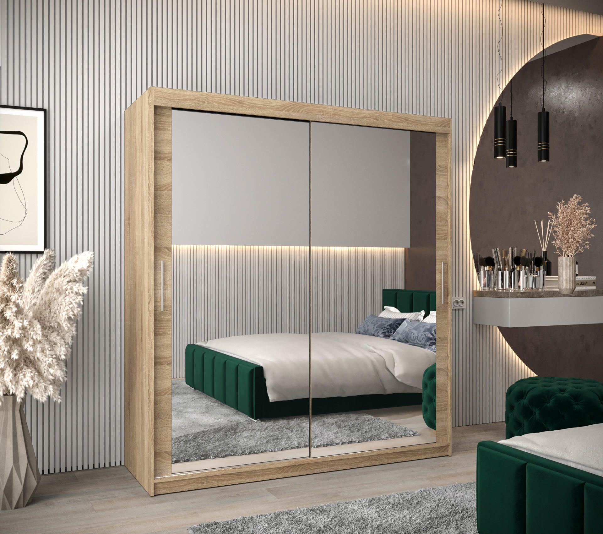 SCHWEBETÜRENSCHRANK 200/180/62 2-türig - Silberfarben/Sonoma Eiche, Holz/Kunststoff (180/200/62cm) - MÖBEL KRYSPOL