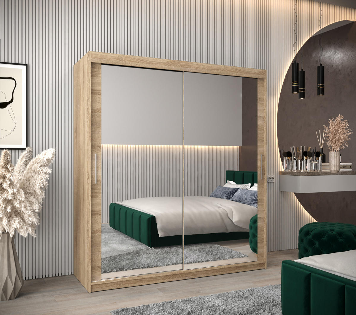 SCHWEBETÜRENSCHRANK 200/180/62 2-türig - Silberfarben/Sonoma Eiche, Holz/Kunststoff (180/200/62cm) - MÖBEL KRYSPOL