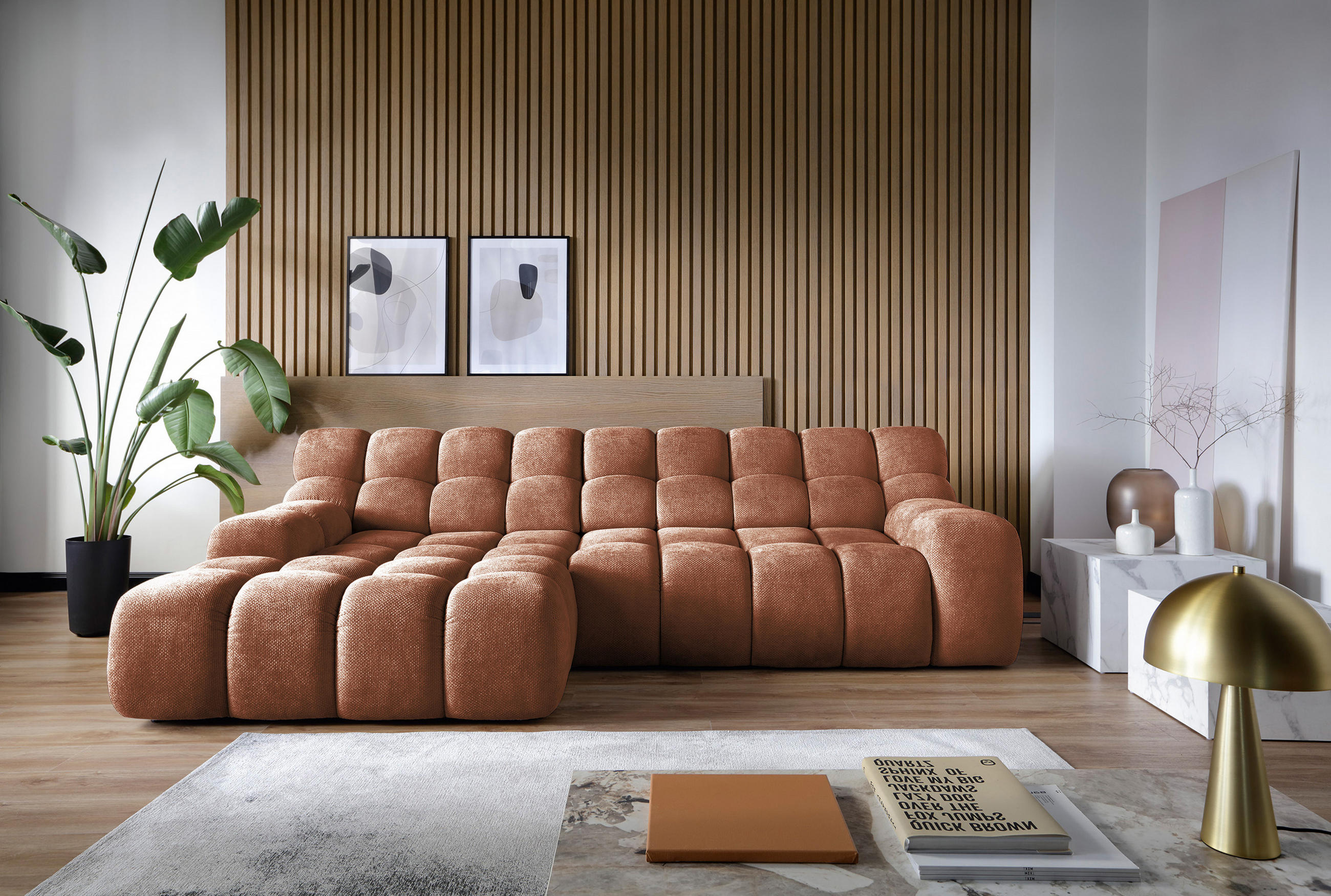 ECKSOFA CAMPILE mit elektrisch verschiebbarem Sitz, Orange, Links - Bronzefarben, Holz/Textil (119/288cm) - DomoHome
