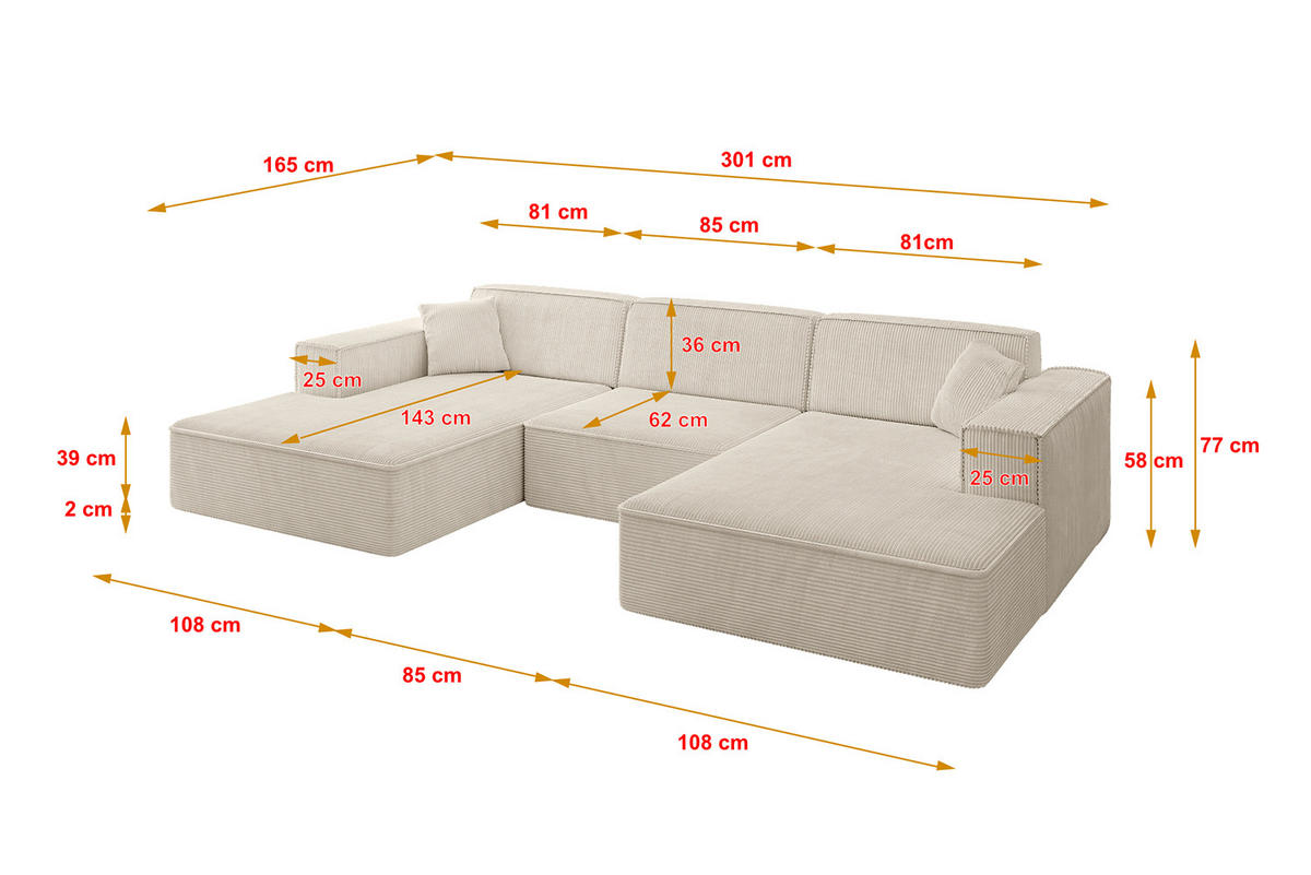 WOHNLANDSCHAFT IREA-U1-v4 - 301x165x77 cm Beige - Beige, Holzwerkstoff/Textil (301/77/165cm) - ALTDECOR