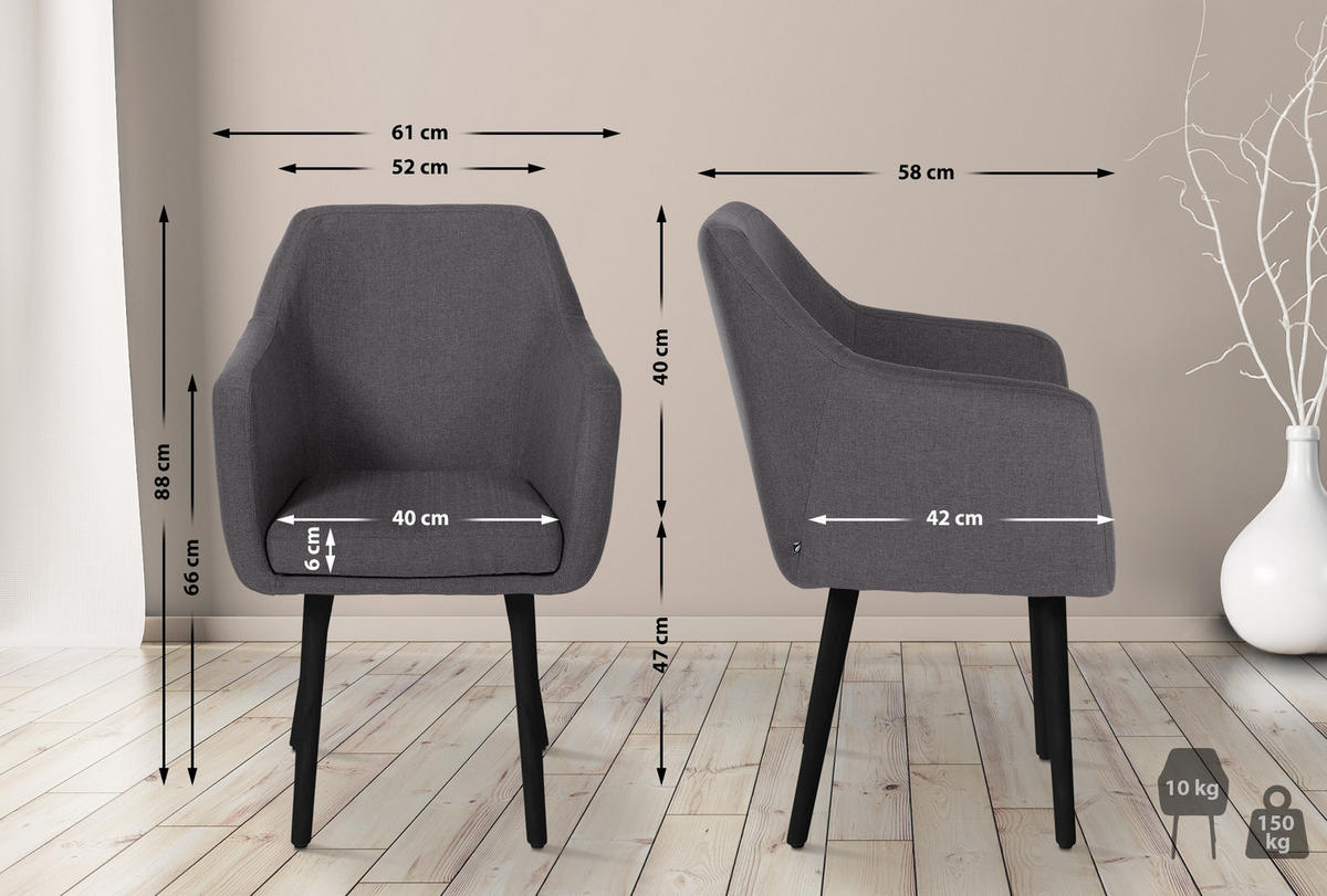 ARMLEHNENSTUHL Stoff dunkelgrau - Dunkelgrau/Schwarz, Holz/Textil (61/88/57.5cm) - CLP