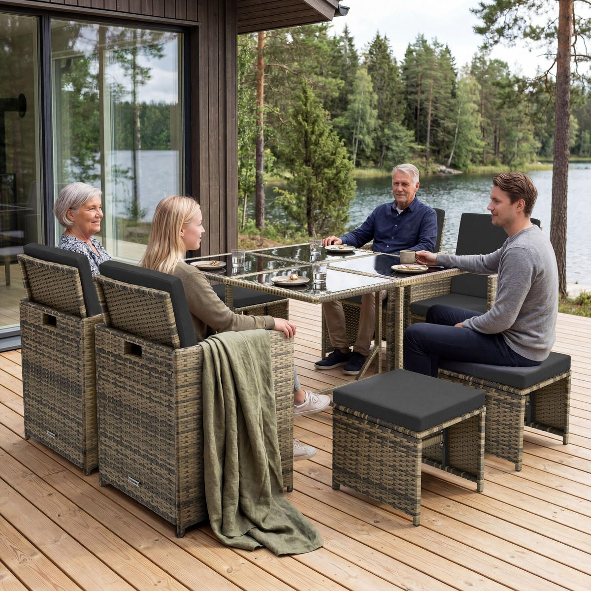 RATTAN-SITZGRUPPE Bilbao 4+4+1 inkl. Schutzhülle,Natur, 4 Sessel 53x53x87 cm, Tisch 110x110x73 cm,Abnehmbare Bezüge,Wasserabweisend - Naturfarben, Kunststoff - tectake