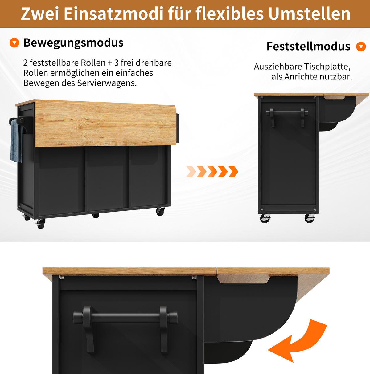 KÜCHENINSEL mit Klapptisch 137,9 x 73 x 92,2 cm Schwarz - Schwarz, Metall (73/92.5/137.9cm) - Beauniv