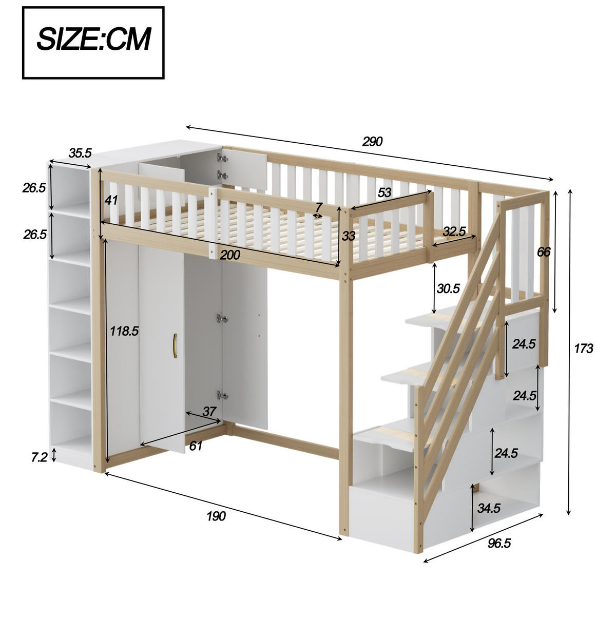 HOCHBETT mit Kleiderschrank und Stauraum 90x200 cm Weiß/Naturholz - Weiß, Holzwerkstoff (90/200cm) - Beauniv