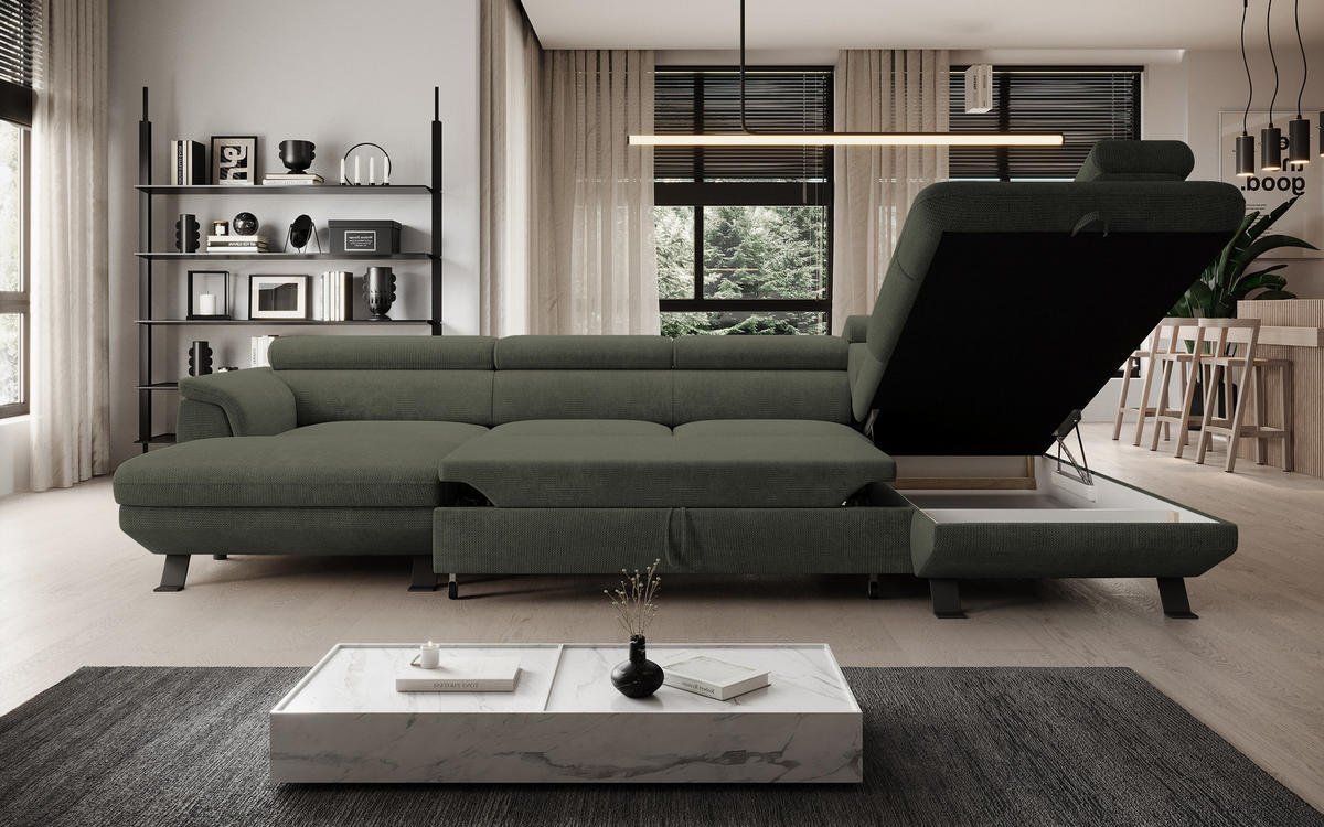 ECKSCHLAFSOFA Raven XL, Verstellbaren Kopfstützen, Bettkasten, Großes Sofa 334x198x162cm Rechte, Taupe - Taupe, Holz/Textil (334/198cm) - DomoHome