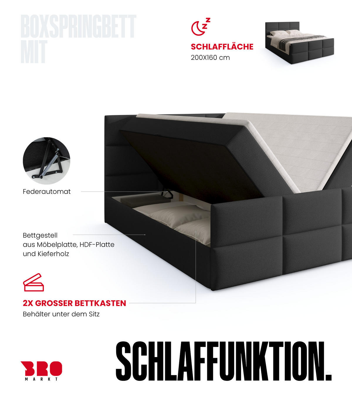BOXSPRINGBETT Boston Duo Mit Bettkasten, Topper und Matratze Graphit Cosmic 101 160x200 cm - Graphitfarben/Schwarz, Textil (160/200cm) - Bromarkt