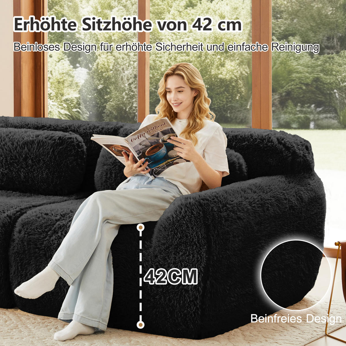 2-SITZER Sofa aus Plüsch mit modularem Design, schwarz - Schwarz, Textil (104/73/204cm)