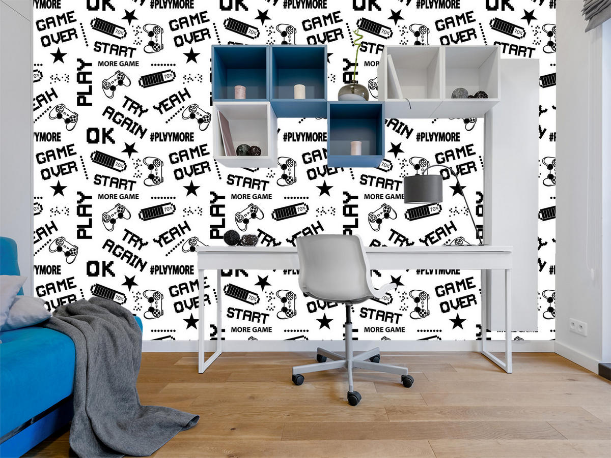 VLIESTAPETE Gaming-Schriftzüge Game Over – Schwarz, Weiß – 50x1000 cm - Schwarz/Weiß, Papier (50/1000cm) - Muralo