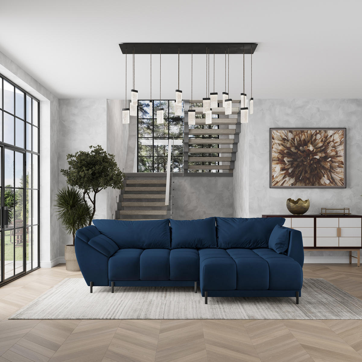 ECKSOFA VESTANO R-S Blau Velours-Stoff mit Schlaffunktion - Blau, Holz (287/182cm) - MASSENO