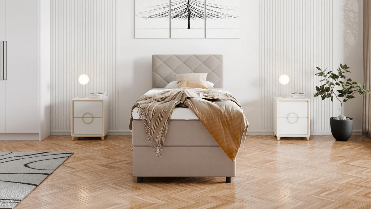 BOXBETT Diamaro 90x200 cm mit Bettkasten und Topper - Dunkelbeige - Beige, Holz (90/200cm) - Panda Möbel