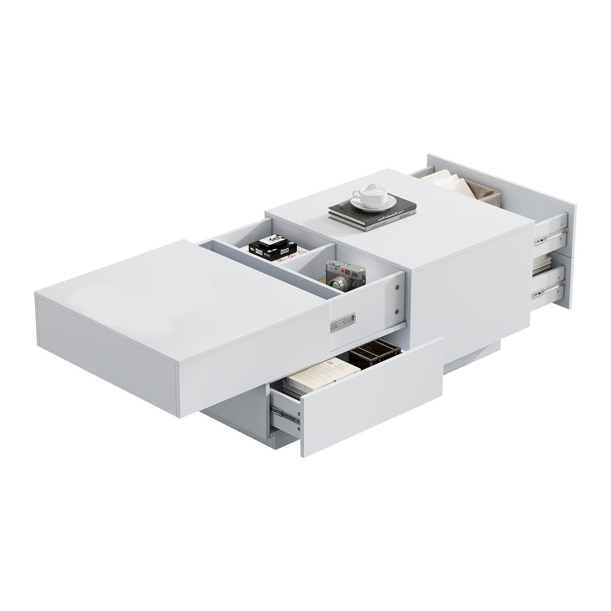 COUCHTISCH 90/55/45 cm weiß mit verschiebbarer Tischplatte 4 Schubladen - Weiß, Holzwerkstoff (90/55/45cm) - OKWISH