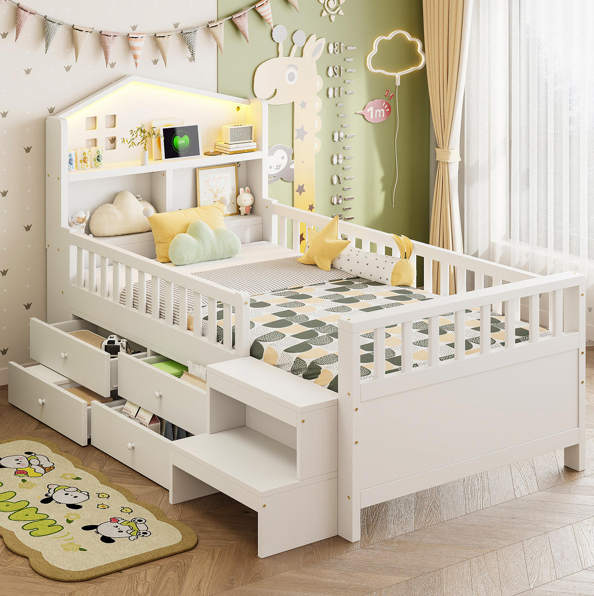 KINDERBETT 90/200 cm mit LED-Beleuchtung, USB- und Typ-C-Anschluss, 4 Schubladen und Treppe, Weiß - Weiß, Holzwerkstoff (90/200cm) - Redom