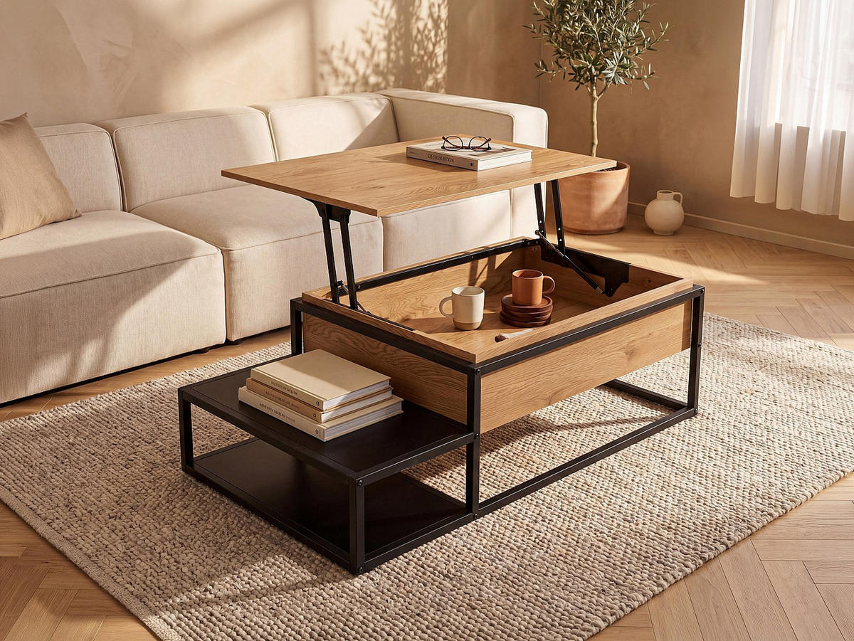 COUCHTISCH - 110 cm x 60 cm - Holz, Platte - Schwarz, Naturfarben Hell - LUTESA - Hellbraun, Holz (60/110/38cm) - Vente-Unique