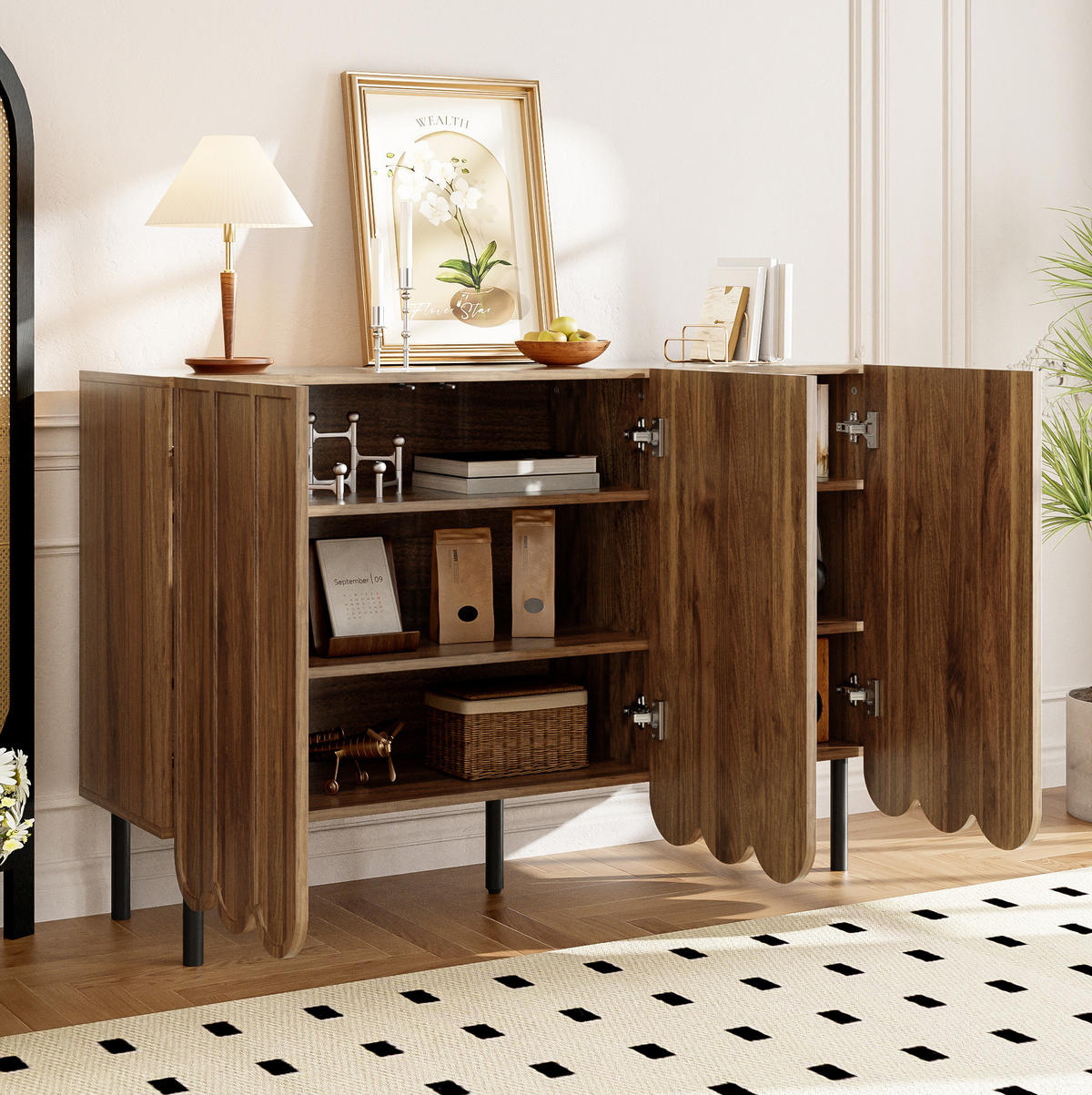 SIDEBOARD 120/35/80 cm aus MDF mit Wellentüren und griffloser Drucköffnung Walnussfarben - Naturfarben, Holzwerkstoff (35/80/120cm) - Modenvie