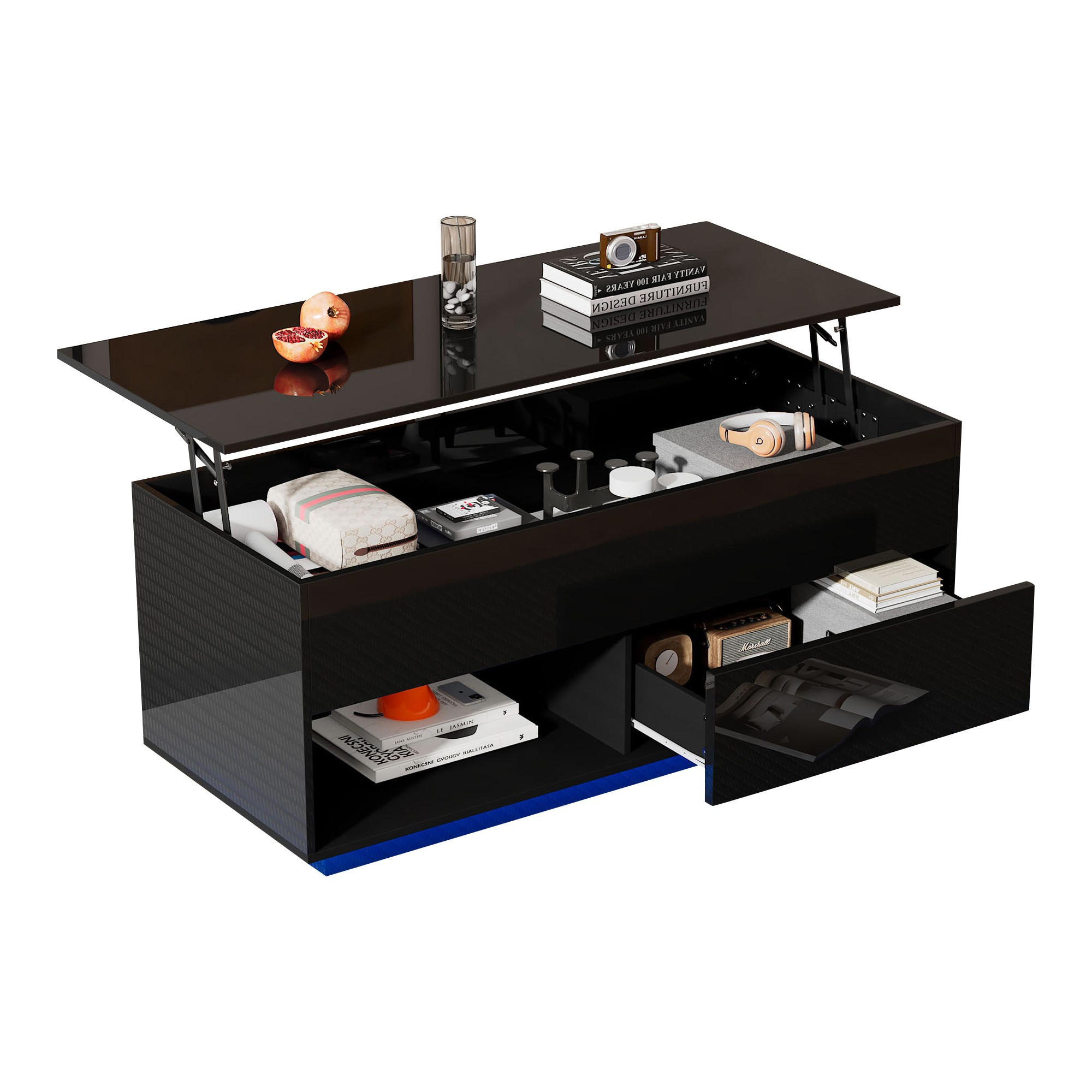 COUCHTISCH 100/50/55-70,5 cm Schwarz aus Holzwerkstoff mit Lift-Top, Stauraum und LED-Beleuchtung - Schwarz, Holzwerkstoff (100/50/60cm) - OKWISH