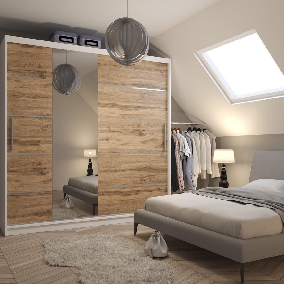 SCHWEBETÜRENSCHRANK Verona MBP, Weiß/Goldbraun Matt, 200 cm, mit Spiegel - Braun, Holz (200/216/60cm) - B BELINI GROUP