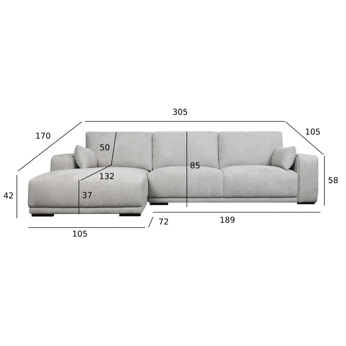 ECKSOFA Webstoff Grau - Schwarz/Grau, Holz/Textil (105/305cm) - Furnhouse