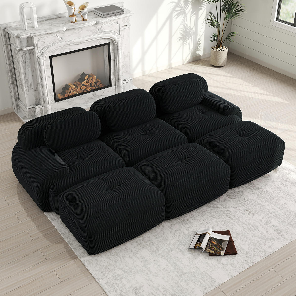 3-SITZER Sofa 298×178×75 cm Cordstoff rahmenlos modular mit 3 Hockern, schwarz - Schwarz, Textil (178/75/298cm)