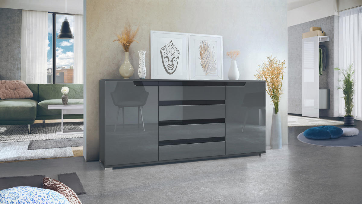 SIDEBOARD Sylt Grau Hochglanz / Schwarz Hochglanz - Grau, Holzwerkstoff (166.5/75.5/35cm) - Vladon