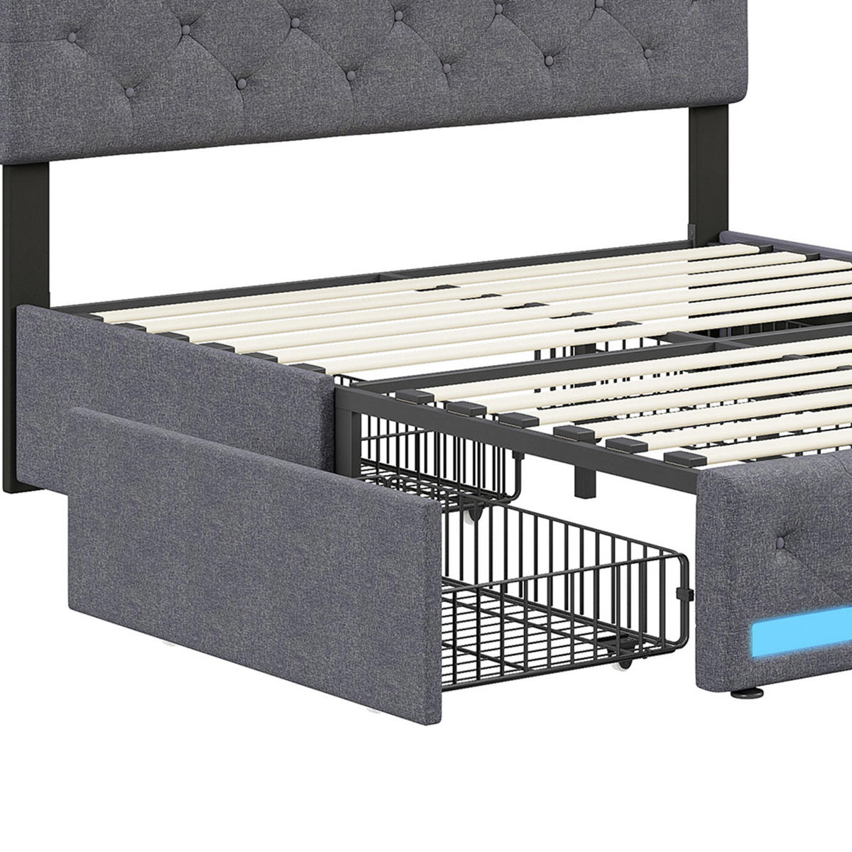 POLSTERBETT 140x200 cm mit LED und USB, Doppelbett mit Lattenrost und Kopfteil, Bett 140x200, Leinenstoff, Grau - Grau, Holzwerkstoff/Textil (140/200cm) - GENKI LIVING