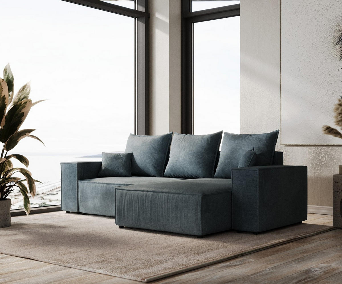 ECKSOFA SENSO mit Schlaffunktion Blau im Wind Stoff - Blau/Schwarz, Holz/Holzwerkstoff (255/148cm) - AltaBeds