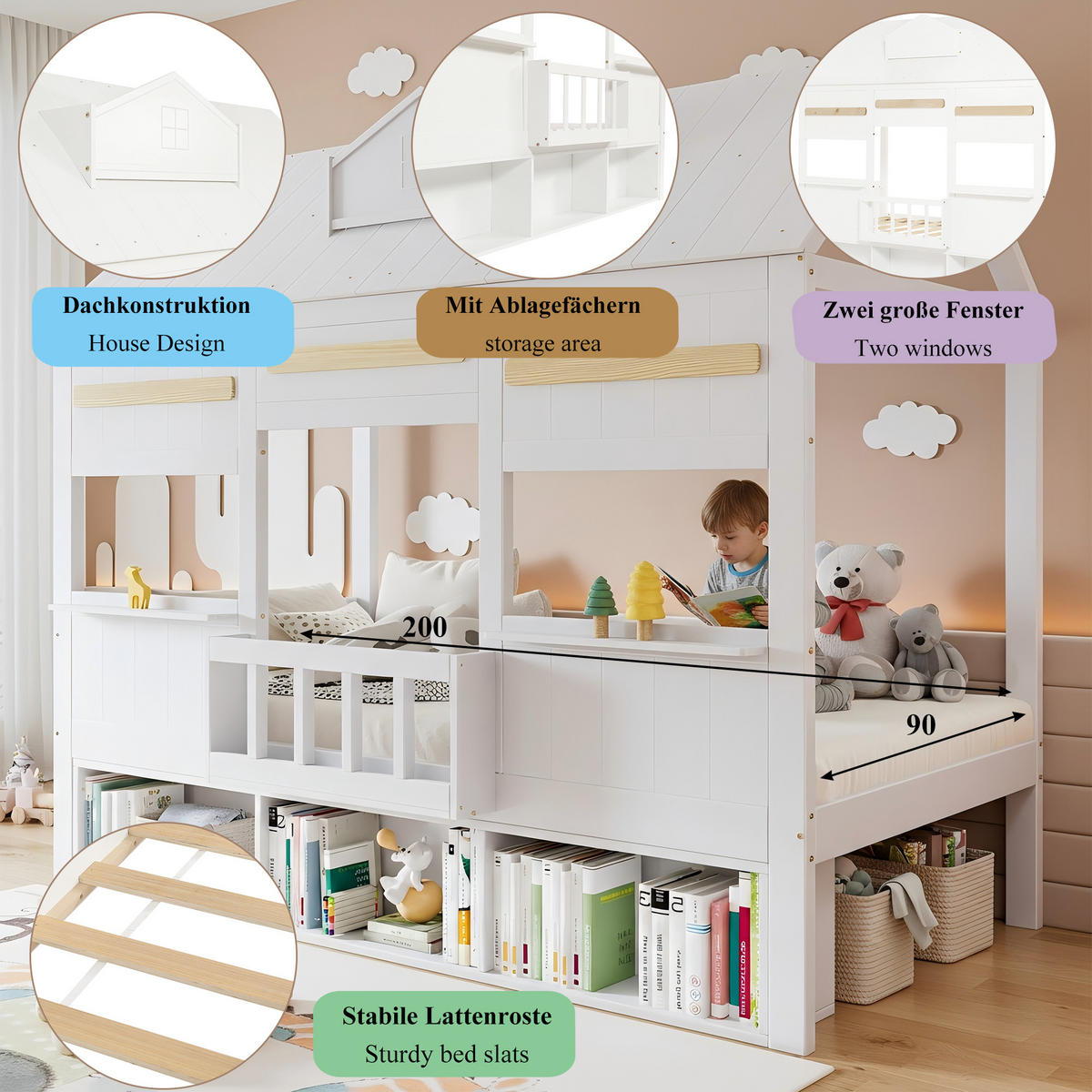 HAUSBETT 90x200 cm mit einer Reihe Bücherregal in Weiß - Weiß, Holz (90/200cm) - KOMHTOM