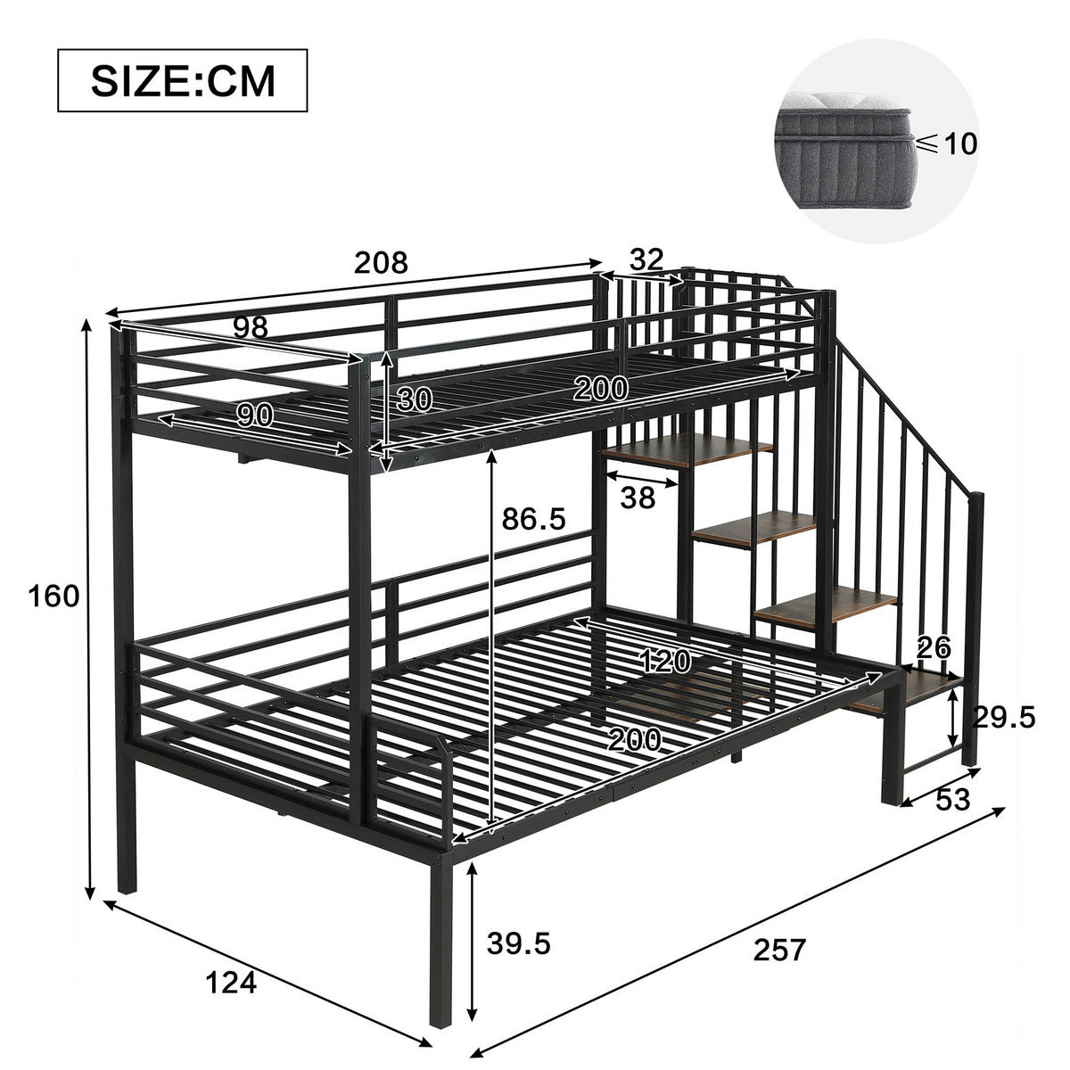 ETAGENBETT 90/120x200 cm aus Metall und MDF mit Eckleiter und Stauraum Schwarz/Vintage - Schwarz, Holzwerkstoff (90/200cm) - Modenvie
