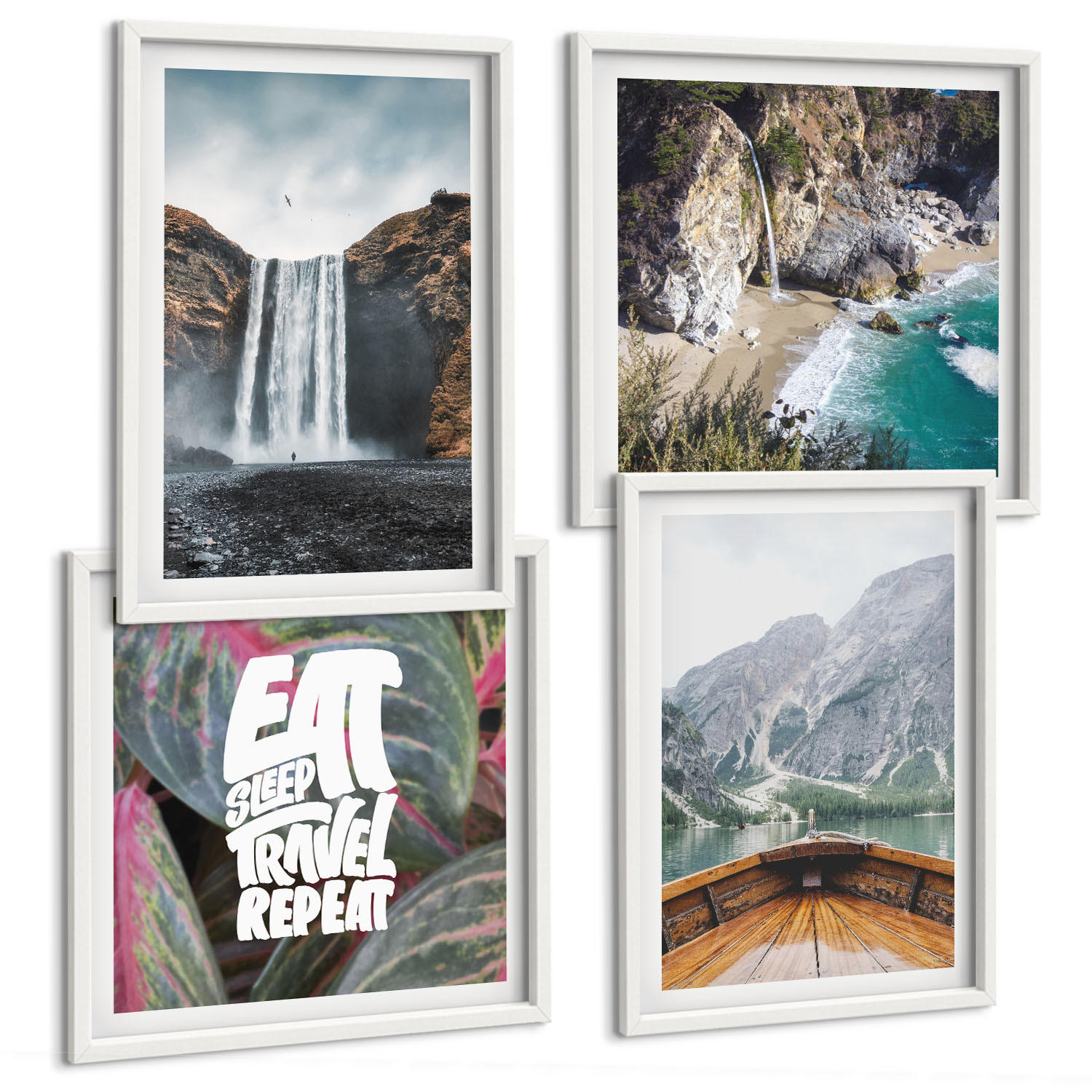 BILDER SET 4er Set - 50x50 cm & 40x60 cm Weißer Rahmen - Wasserfall Bergreise Natur - Weiß, Kunststoff (50/50cm) - TULUP