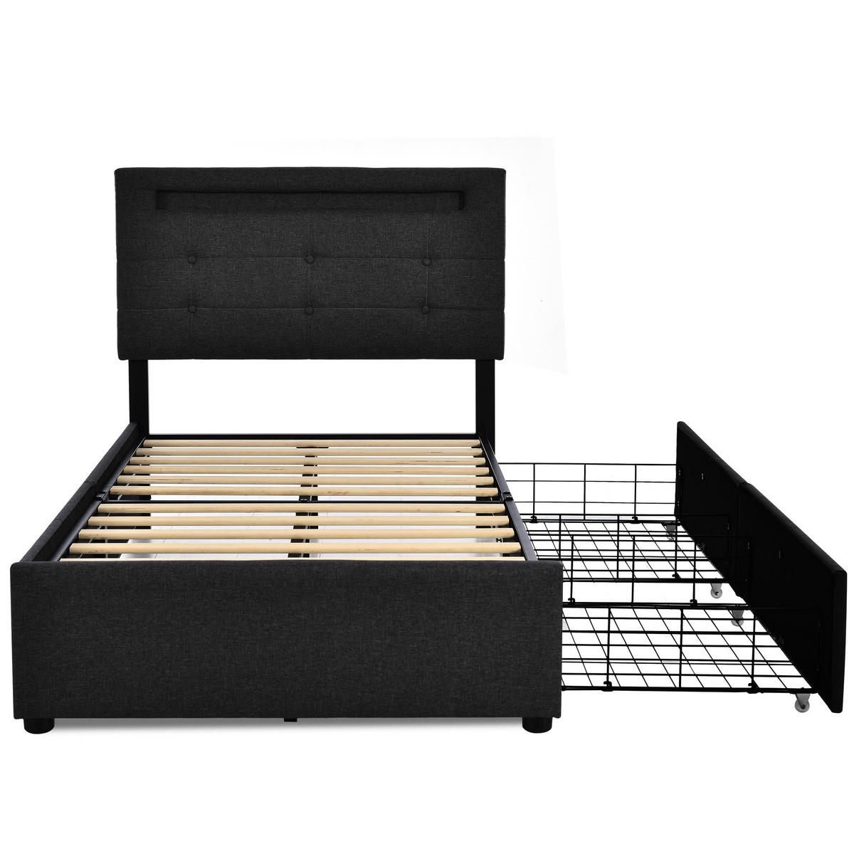 POLSTERBETT mit LED-Beleuchtung 90/200 cm mit 2 Schubladen und Matratze - Schwarz, Textil (90/200cm) - BEAOK