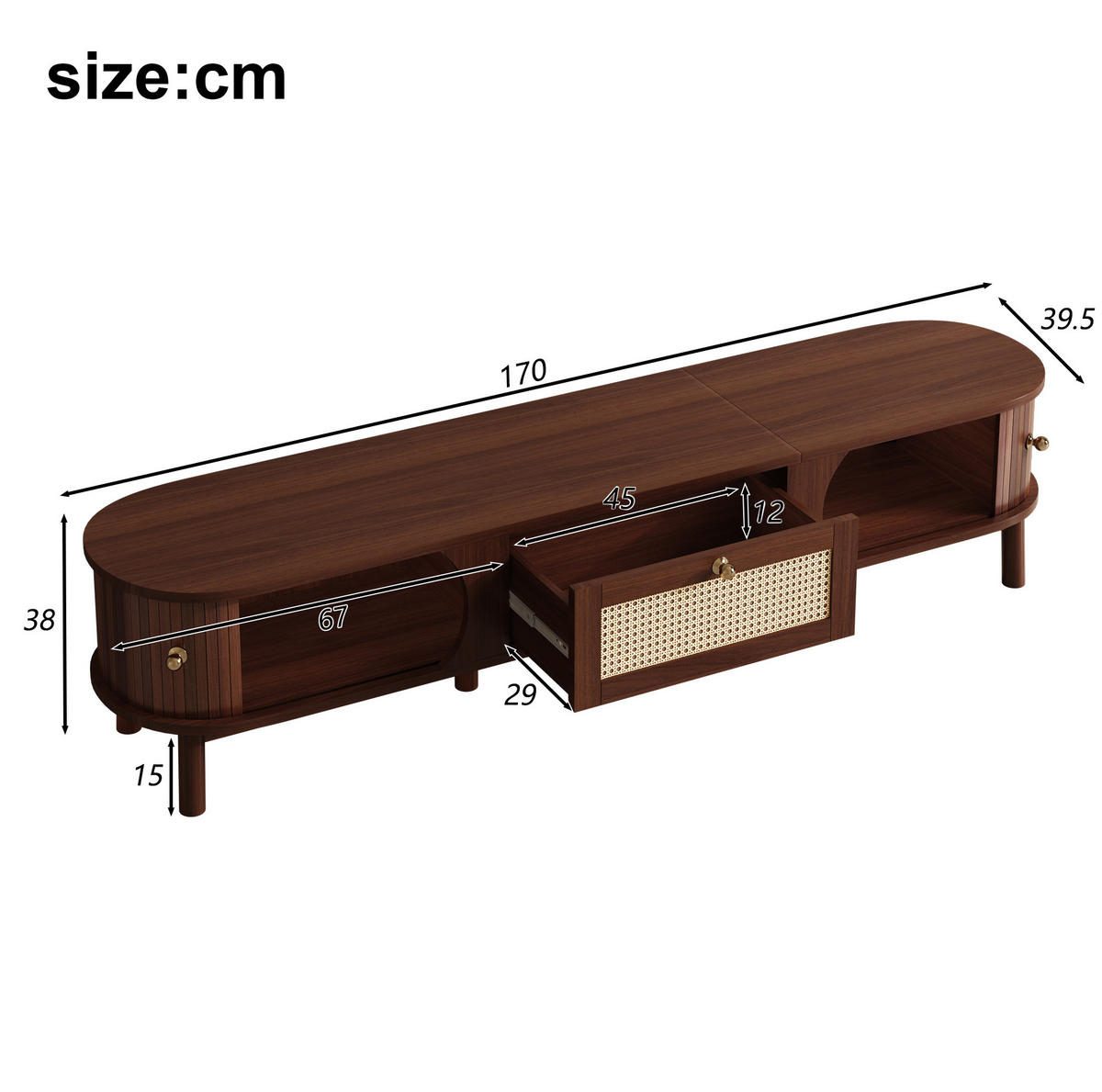 TV-LOWBOARD aus Massivholz, Spanplatte und Rattan 170x39,5x38 cm in Holzfarbe und Hellgelb - Eichefarben, Holzwerkstoff (170/38/39.5cm) - IVMEU