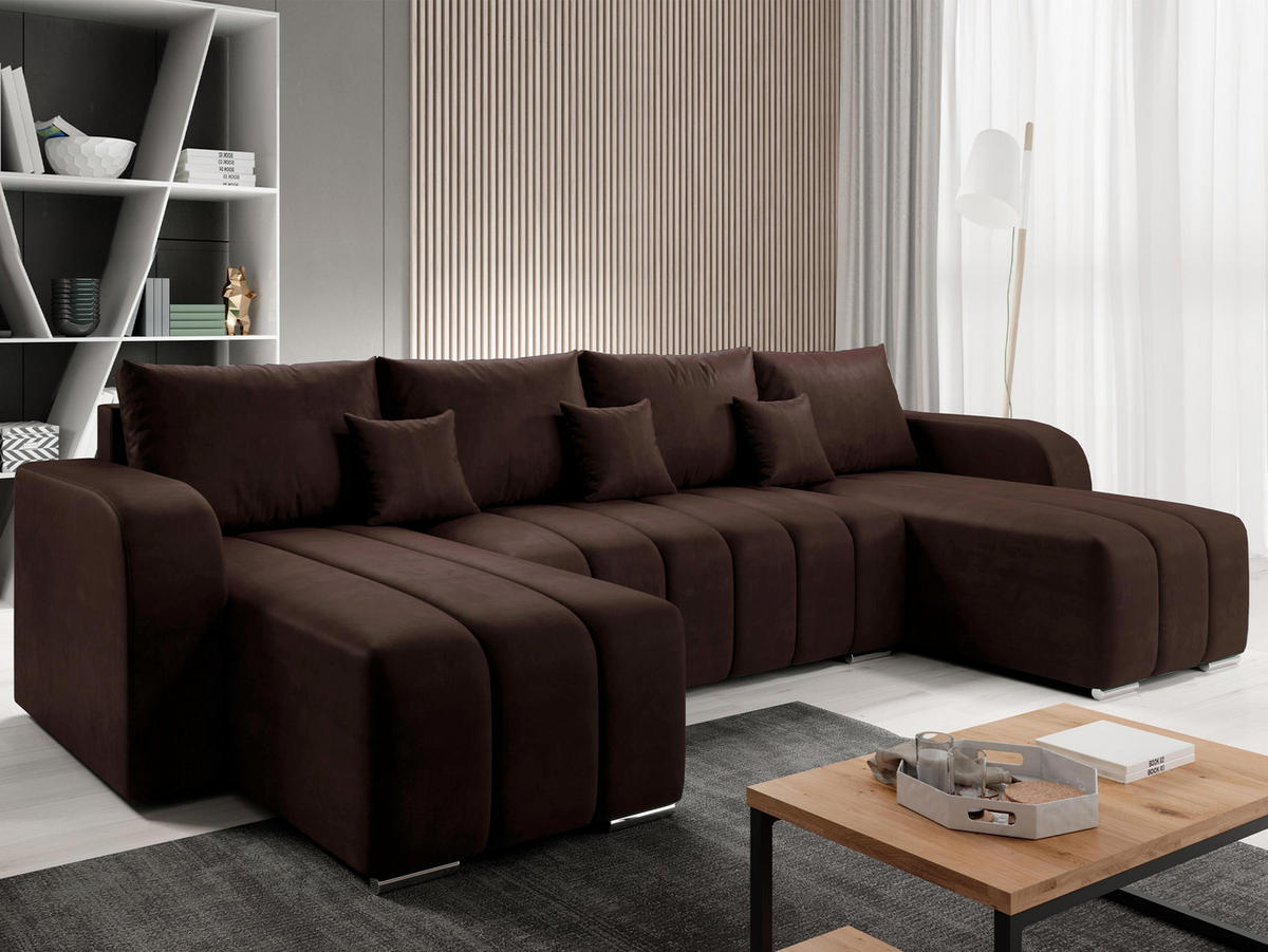 WOHNLANDSCHAFT Pufetto U - Dunkelbraun/Silberfarben, Holz/Textil (313/86/147cm) - MIRJAN24