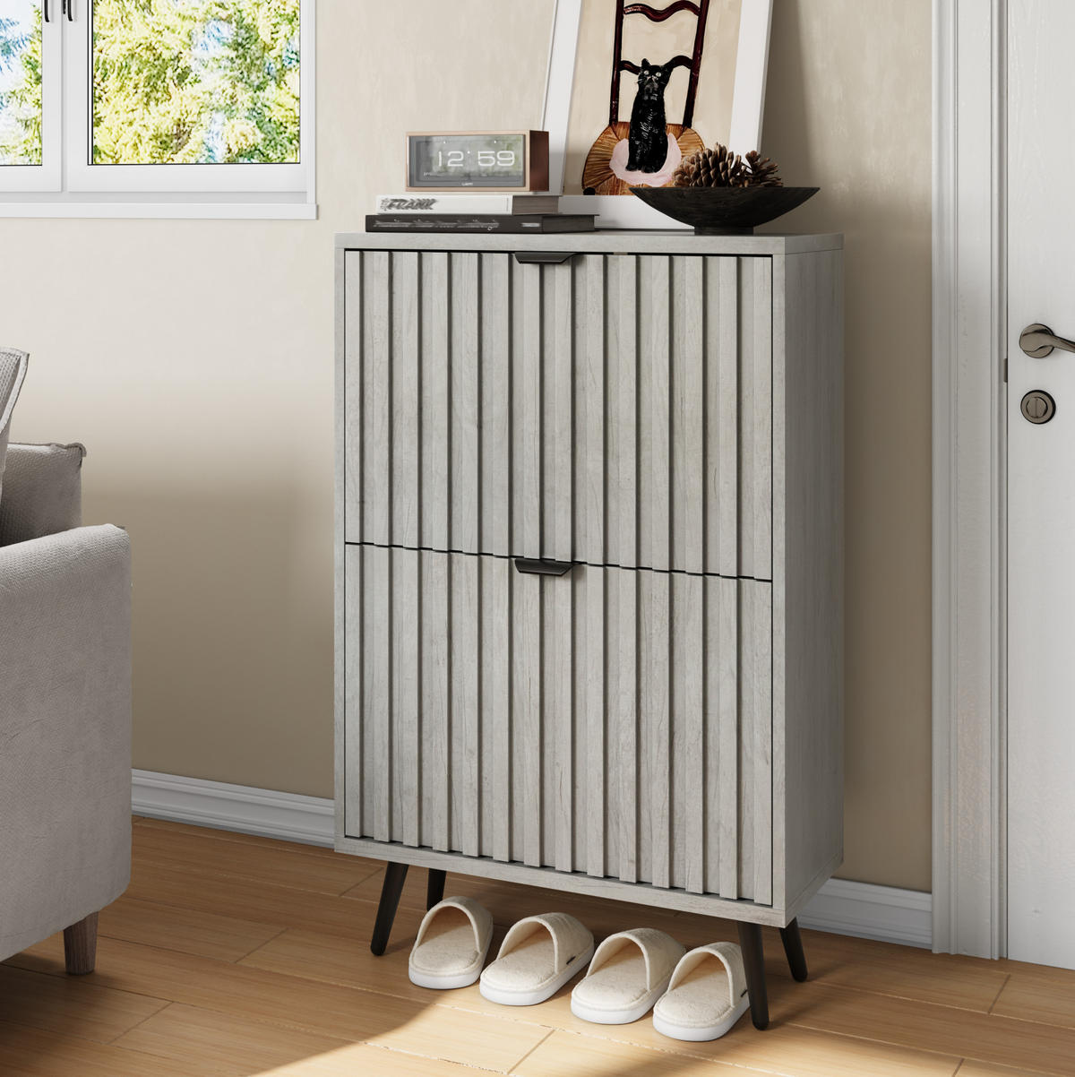 SCHUHSCHRANK aus MDF & Spanplatte in Grau mit 2 Flip-Schubladen - Grau, Holzwerkstoff (60/94/24cm) - Modfu