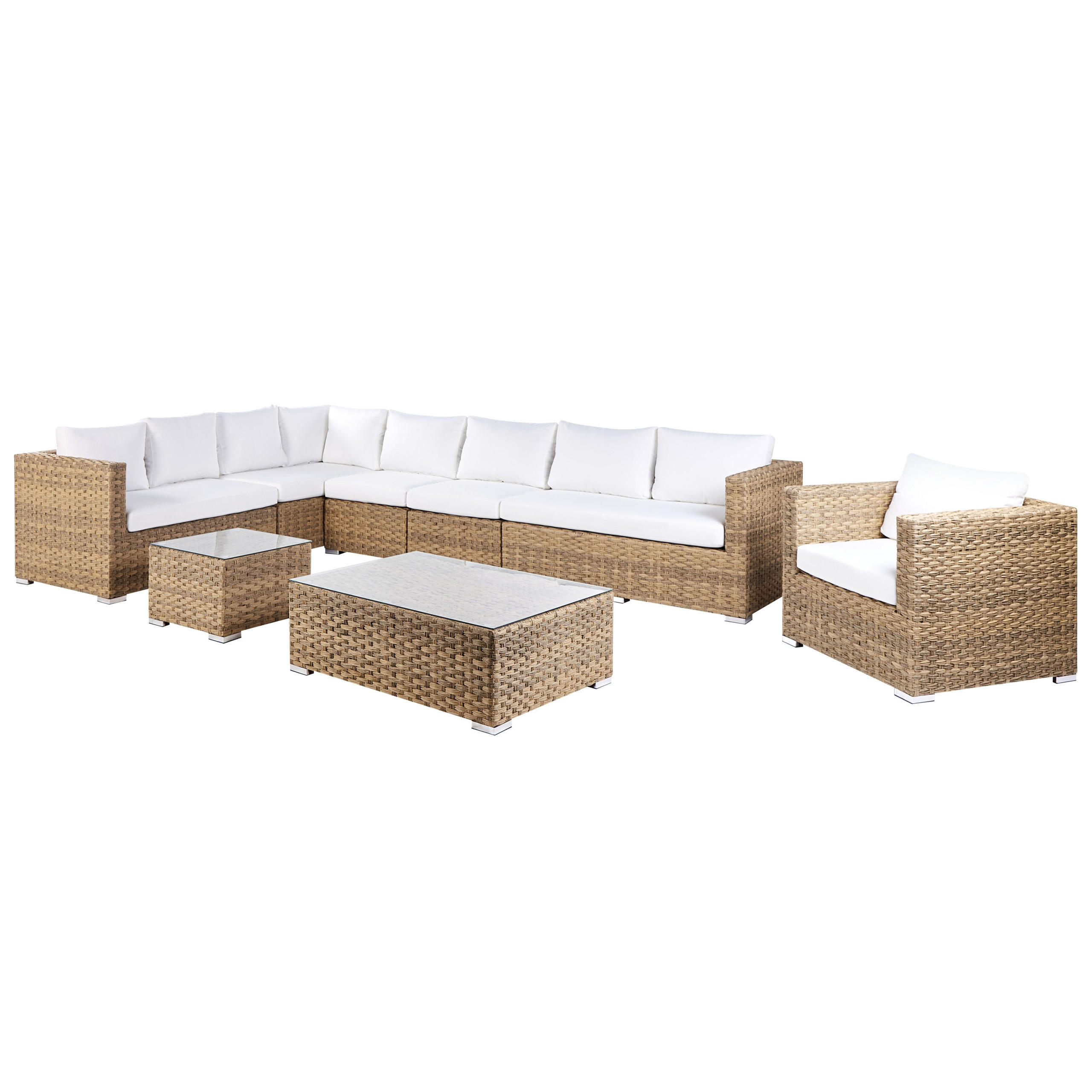 LOUNGE-SET 8-Sitzer hellbraun linksseitig modular Auflagen cremeweiß XXL - Creme, Kunststoff - Beliani