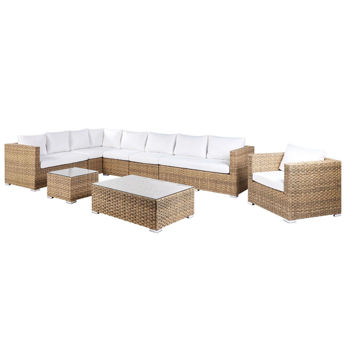 LOUNGE-SET 8-Sitzer hellbraun linksseitig modular Auflagen cremeweiß XXL - Creme, Kunststoff - Beliani
