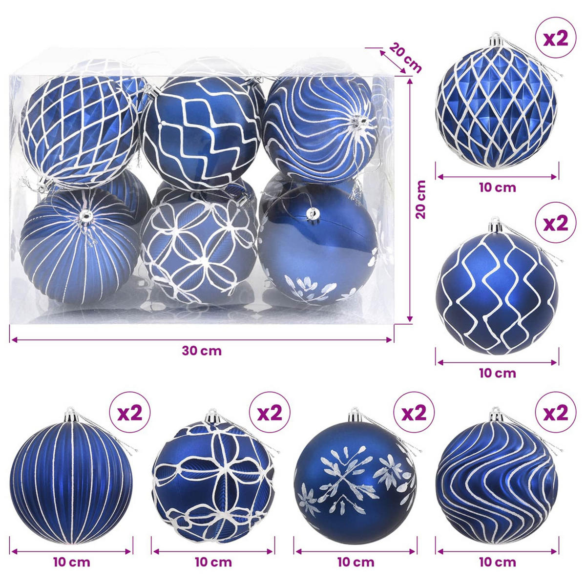 WEIHNACHTSKUGELSET XL 12 -teilig 10 cm Blau Polystyrol - Blau, Kunststoff (10/10/10cm) - vidaXL
