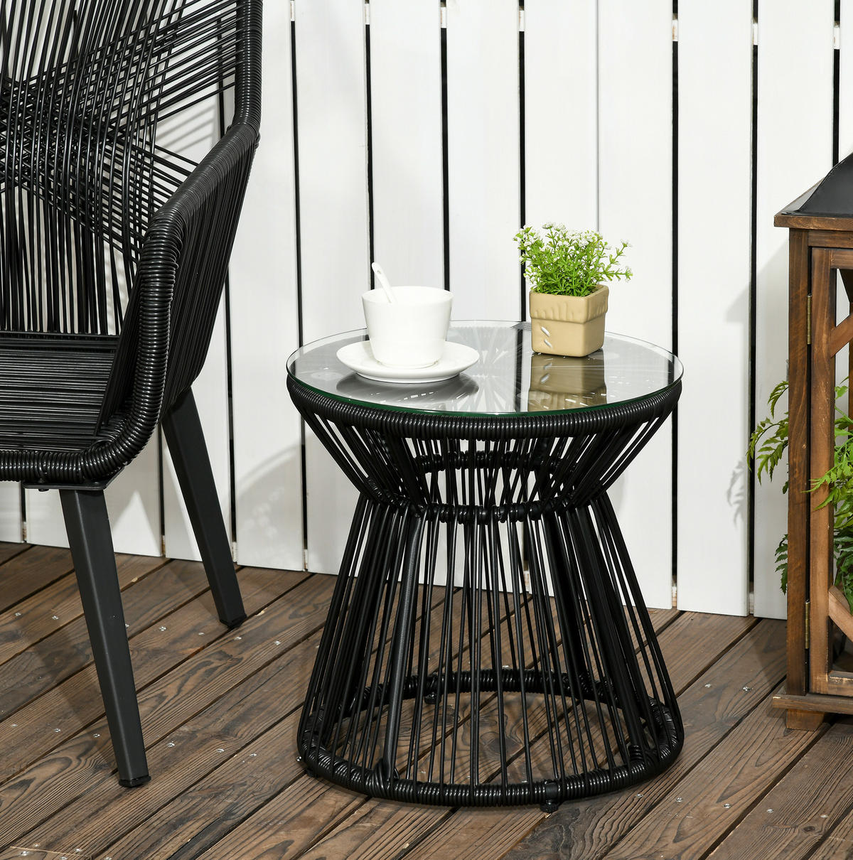 GARTENTISCH Beistelltisch 40/40/42 cm aus PE-Rattan mit gehärteter Glasplatte Schwarz - Schwarz, Metall (40/40/42cm)
